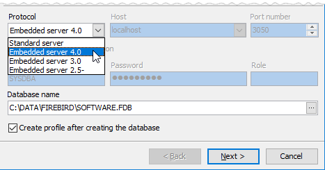 Create Database Wizard: Firebird 4.0 embedded server